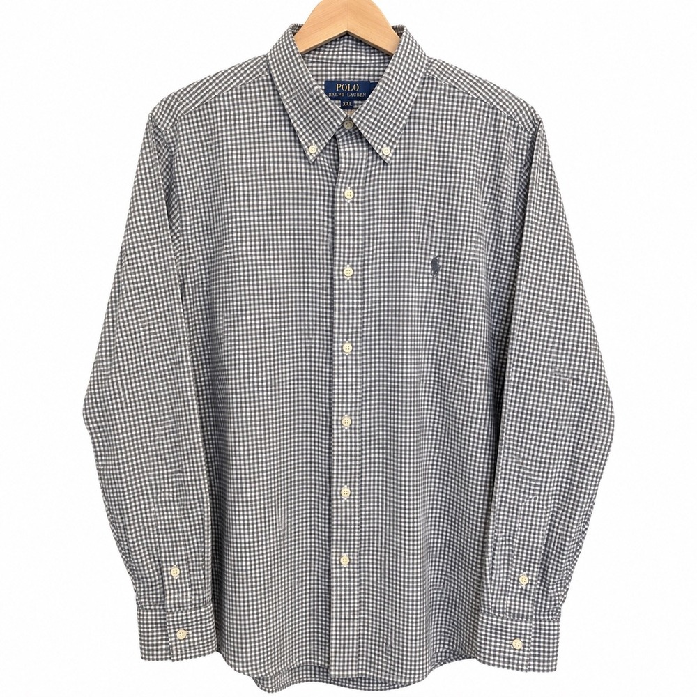 Polo Ralph Lauren Mens XXL Classic Fit Gingham Check Stretch Shirt Grey White